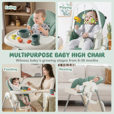 4-in-1 Foldable Baby High Chair with 7 Adjustable Heights and Free Toys Bar-Green