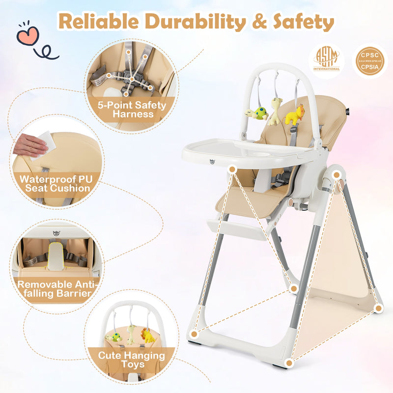 4-in-1 Foldable Baby High Chair with 7 Adjustable Heights and Free Toys Bar-Yellow