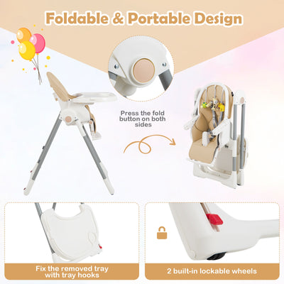 4-in-1 Foldable Baby High Chair with 7 Adjustable Heights and Free Toys Bar-Yellow