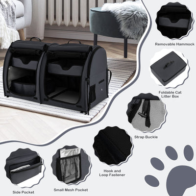 Double Compartment Pet Carrier with 2 Removable Hammocks-Black