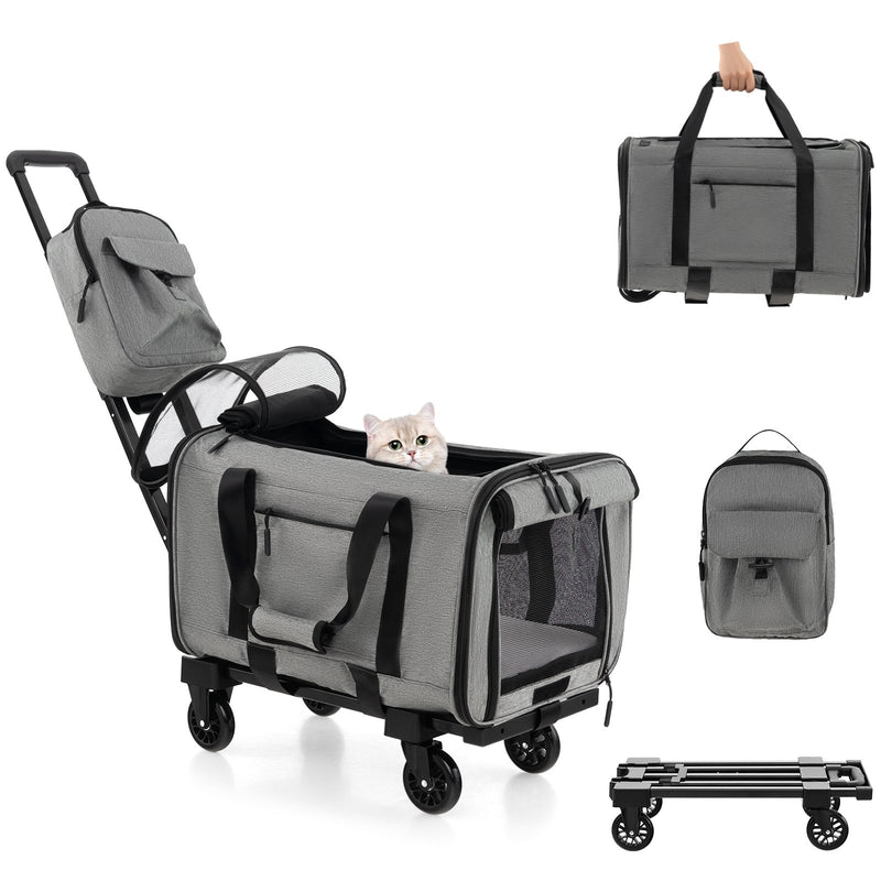 Rolling Cat Carrier with Dual-use Pads and Litter Bag-Gray