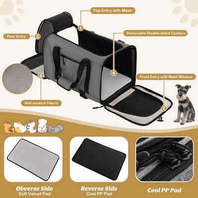 Rolling Cat Carrier with Dual-use Pads and Litter Bag-Gray