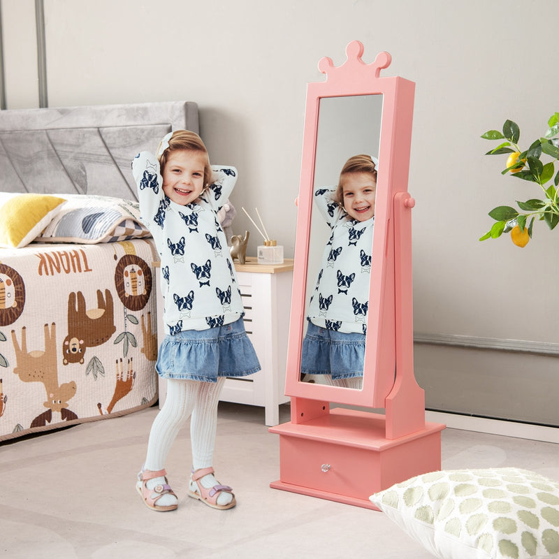 2-in-1 Kids Play Jewelry Armoire with Full Length Mirror and Drawers-Pink