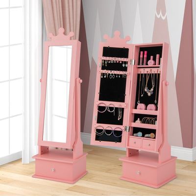 2-in-1 Kids Play Jewelry Armoire with Full Length Mirror and Drawers-Pink