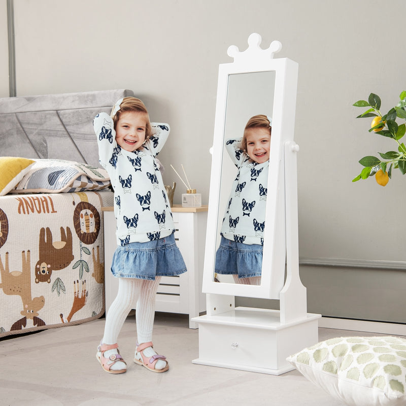 2-in-1 Kids Play Jewelry Armoire with Full Length Mirror and Drawers-White