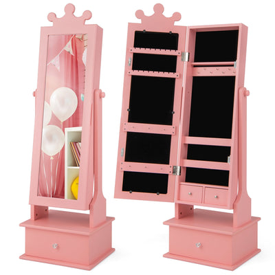 2-in-1 Kids Play Jewelry Armoire with Full Length Mirror and Drawers-Pink