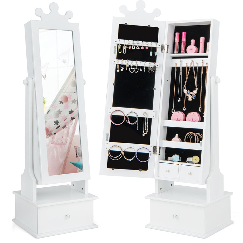 2-in-1 Kids Play Jewelry Armoire with Full Length Mirror and Drawers-White