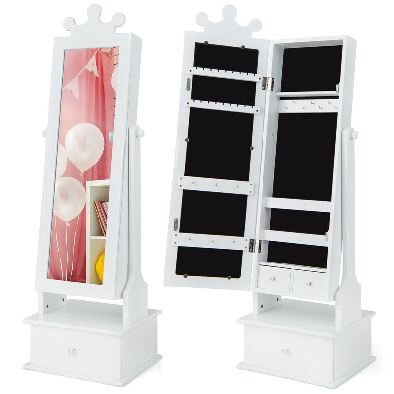 2-in-1 Kids Play Jewelry Armoire with Full Length Mirror and Drawers-White