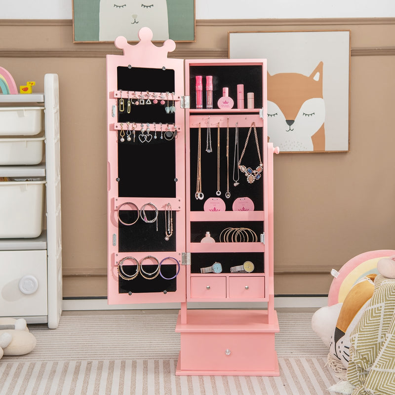 2-in-1 Kids Play Jewelry Armoire with Full Length Mirror and Drawers-Pink