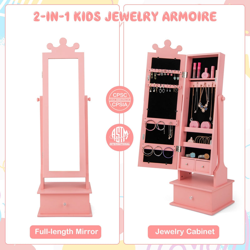 2-in-1 Kids Play Jewelry Armoire with Full Length Mirror and Drawers-Pink