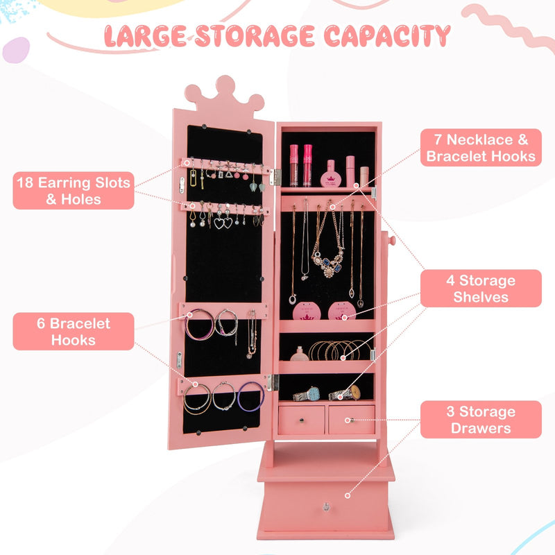 2-in-1 Kids Play Jewelry Armoire with Full Length Mirror and Drawers-Pink