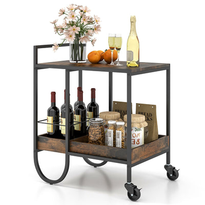 Rolling Buffet Serving Cart with Removable Metal Wire Wine Rack-Brown