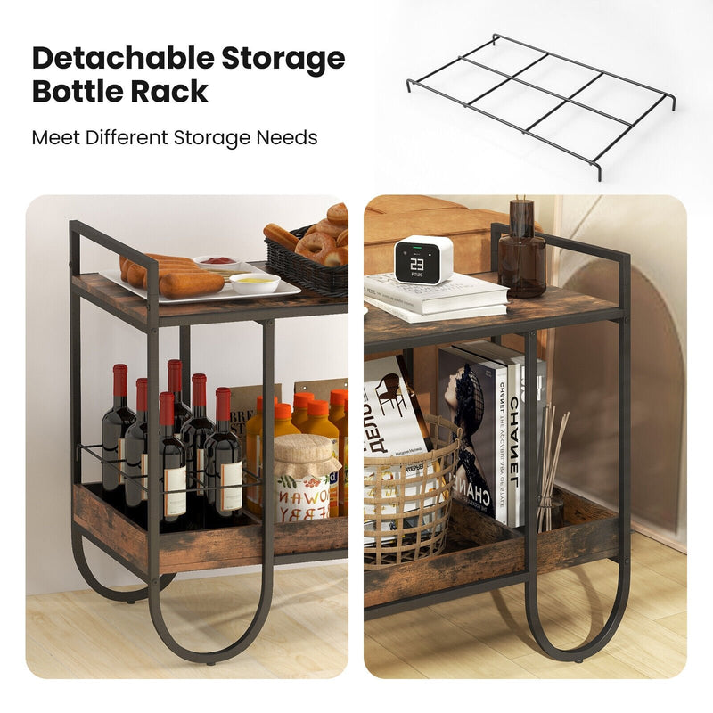 Rolling Buffet Serving Cart with Removable Metal Wire Wine Rack-Brown