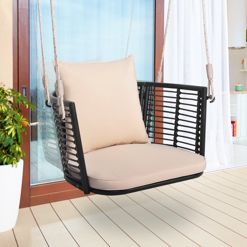 Single Person Hanging Seat with Woven Rattan Backrest for Backyard-Beige