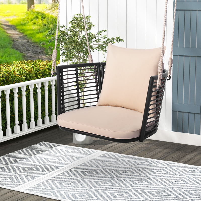 Single Person Hanging Seat with Woven Rattan Backrest for Backyard-Beige