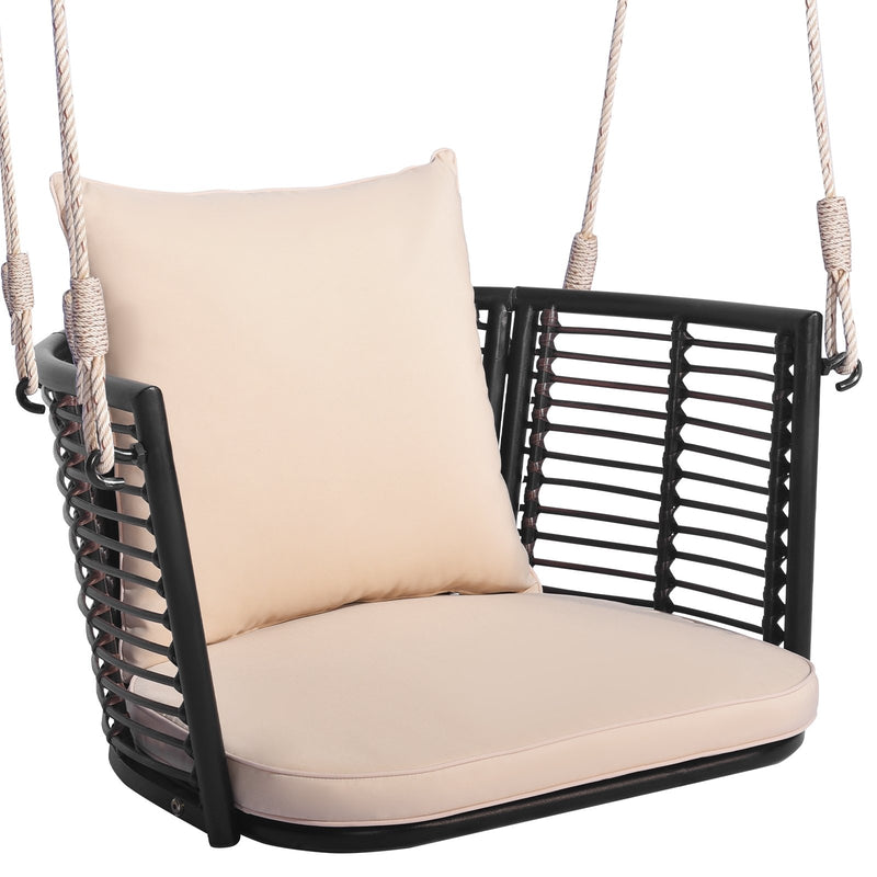 Single Person Hanging Seat with Woven Rattan Backrest for Backyard-Beige