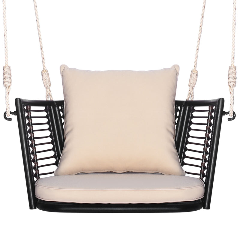 Single Person Hanging Seat with Woven Rattan Backrest for Backyard-Beige