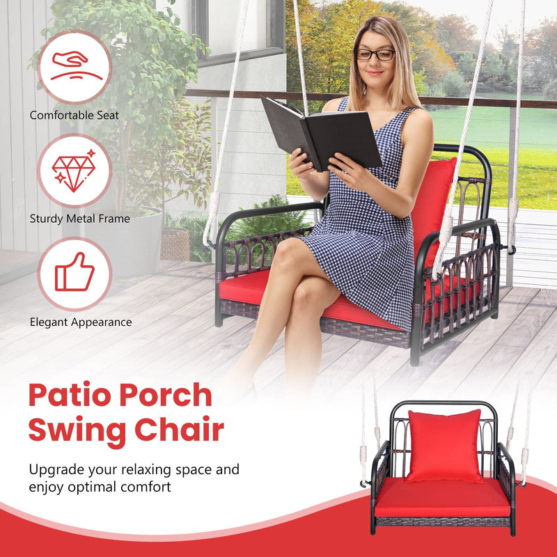 Patio Rattan Porch Swing Hammock Chair with Seat Cushion-Red