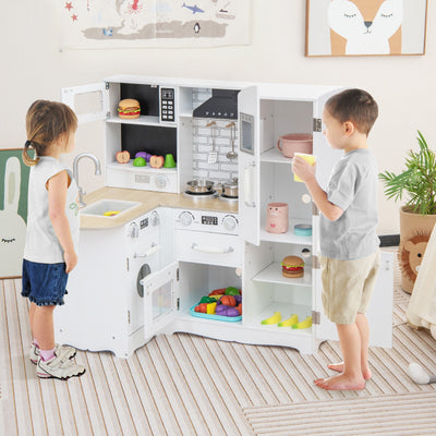 Wooden Kid's Corner Kitchen Playset with Stove for Toddlers-Natural