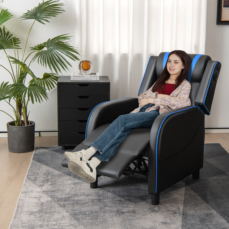 PU Leather Massage Gaming Recliner Chair with Side Pockets-Blue