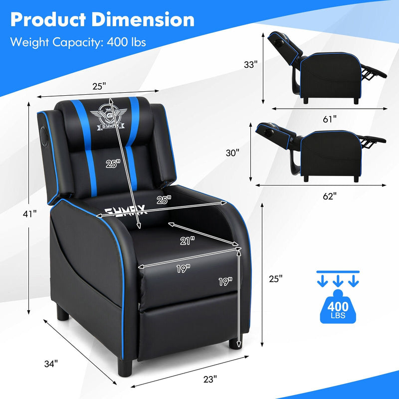 PU Leather Massage Gaming Recliner Chair with Side Pockets-Blue