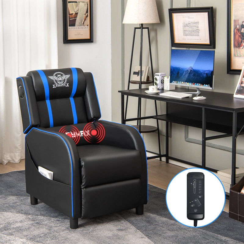 PU Leather Massage Gaming Recliner Chair with Side Pockets-Blue