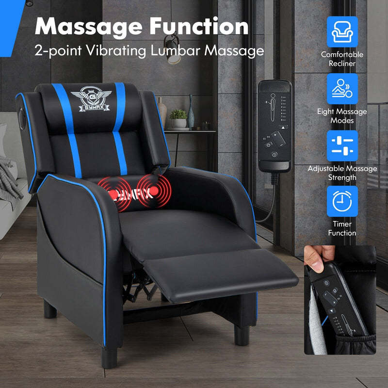 PU Leather Massage Gaming Recliner Chair with Side Pockets-Blue