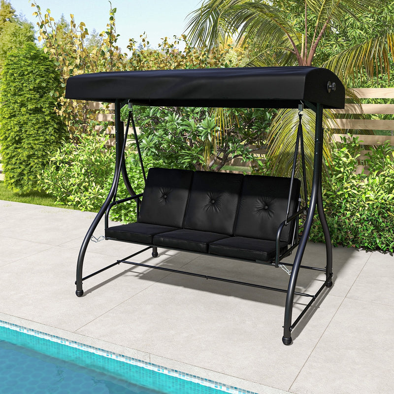 3 Seat Outdoor Porch Swing with Adjustable Canopy-Black