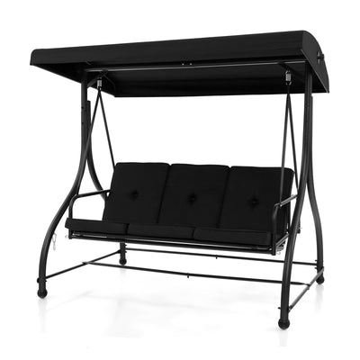 3 Seat Outdoor Porch Swing with Adjustable Canopy-Black