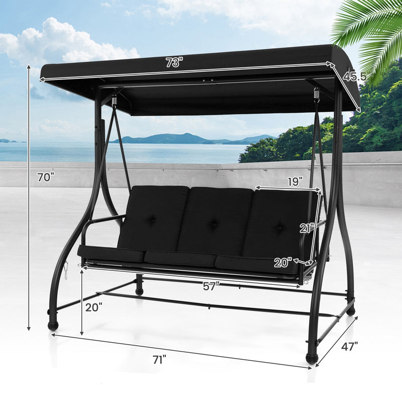 3 Seat Outdoor Porch Swing with Adjustable Canopy-Black