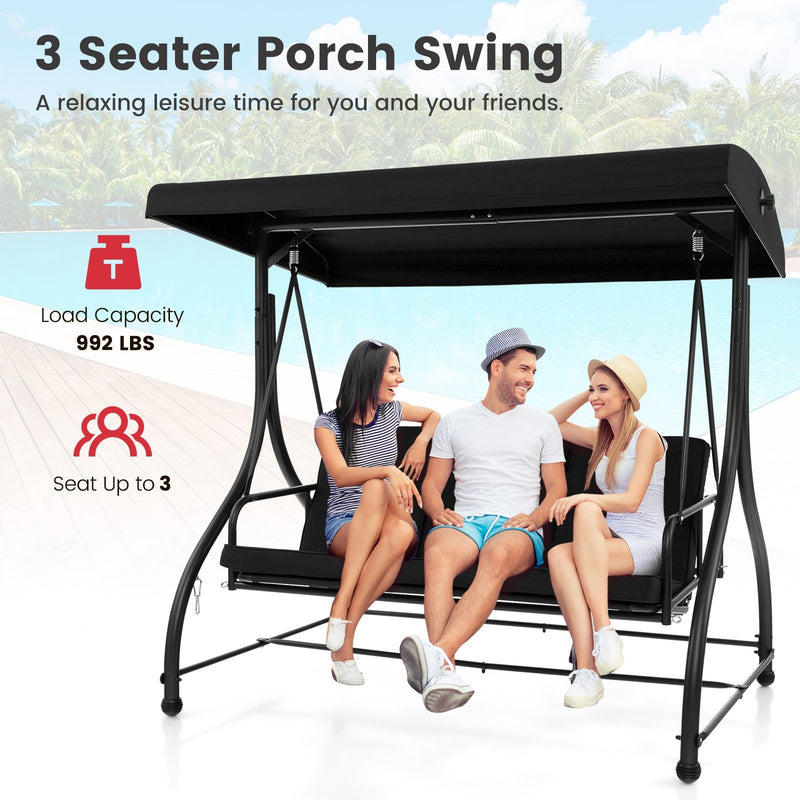 3 Seat Outdoor Porch Swing with Adjustable Canopy-Black