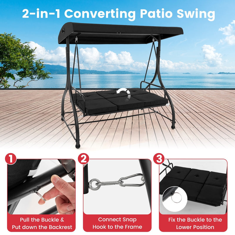 3 Seat Outdoor Porch Swing with Adjustable Canopy-Black