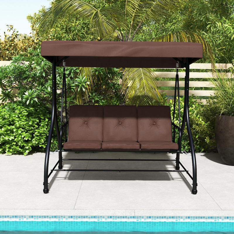 3 Seat Outdoor Porch Swing with Adjustable Canopy-Coffee