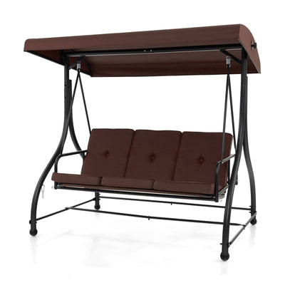 3 Seat Outdoor Porch Swing with Adjustable Canopy-Coffee