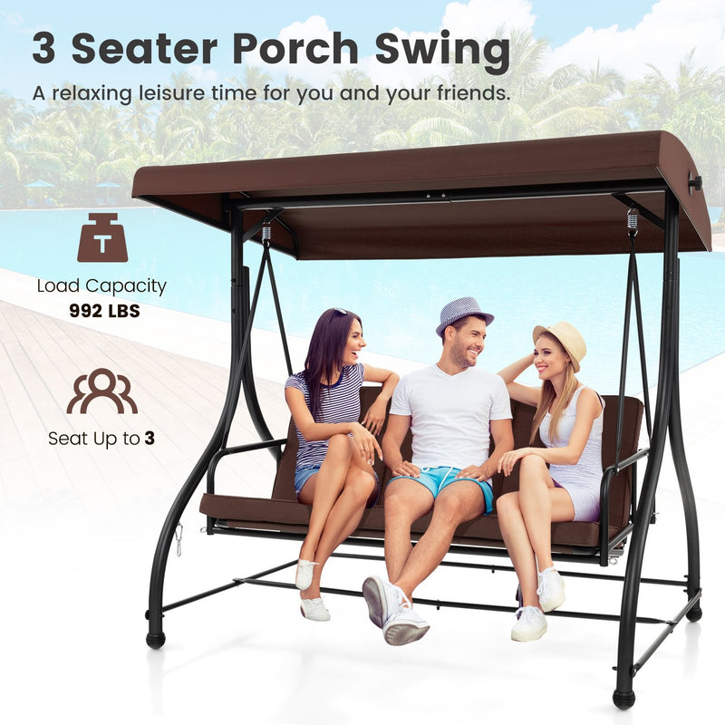 3 Seat Outdoor Porch Swing with Adjustable Canopy-Coffee