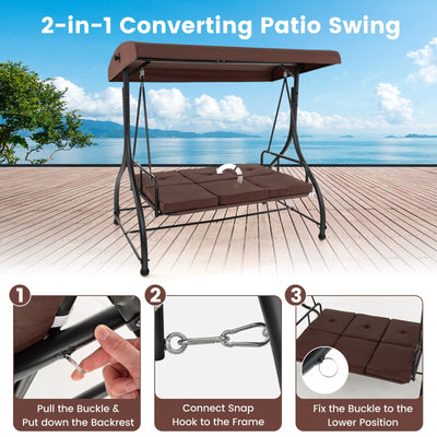 3 Seat Outdoor Porch Swing with Adjustable Canopy-Coffee