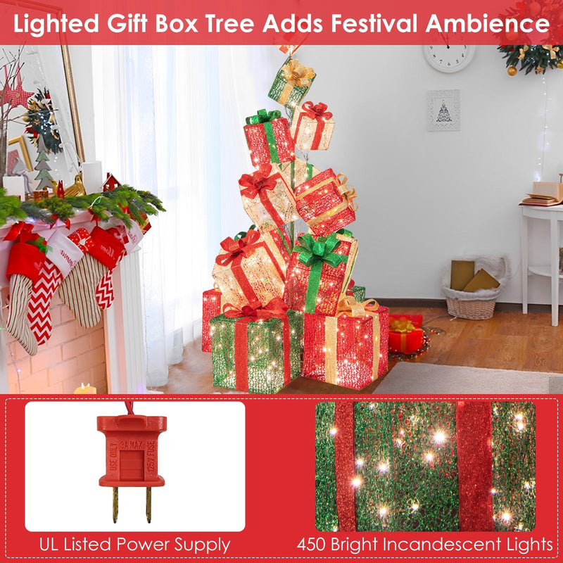 15 Stacked Lighted Christmas Gift Box Tower with 450 Warm White Lights