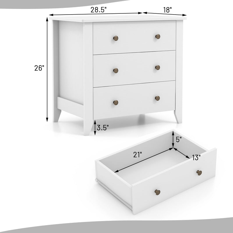 3 Drawer Dresser Chest of Drawers Bedside Table-White