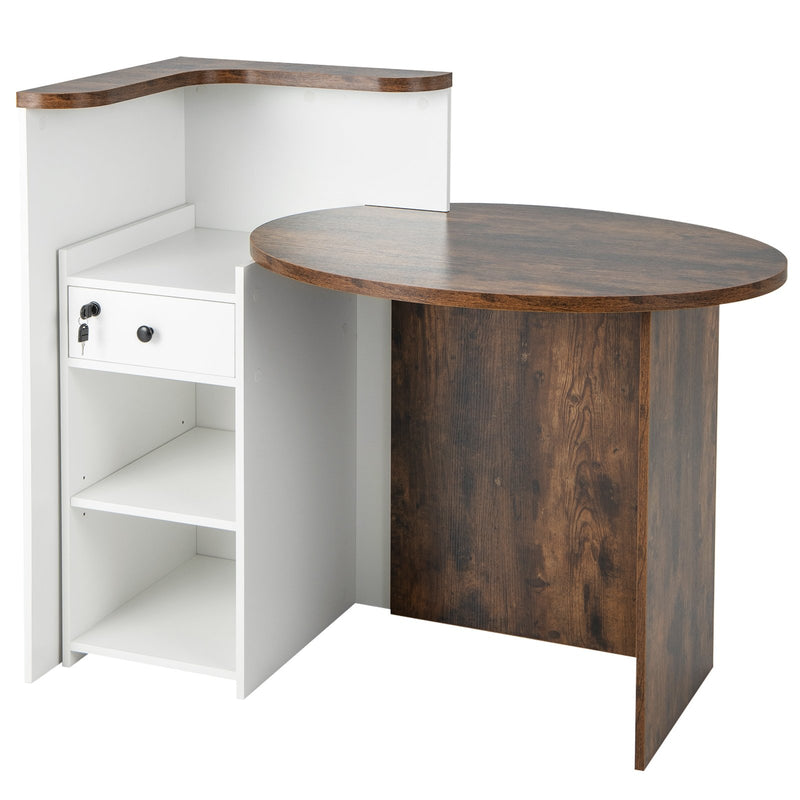 Front Reception Office Desk with Open Shelf and Lockable Drawer-Brown & White