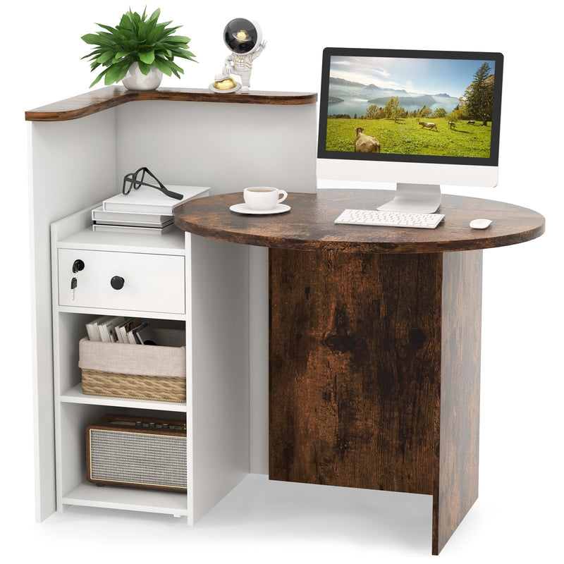 Front Reception Office Desk with Open Shelf and Lockable Drawer-Brown & White