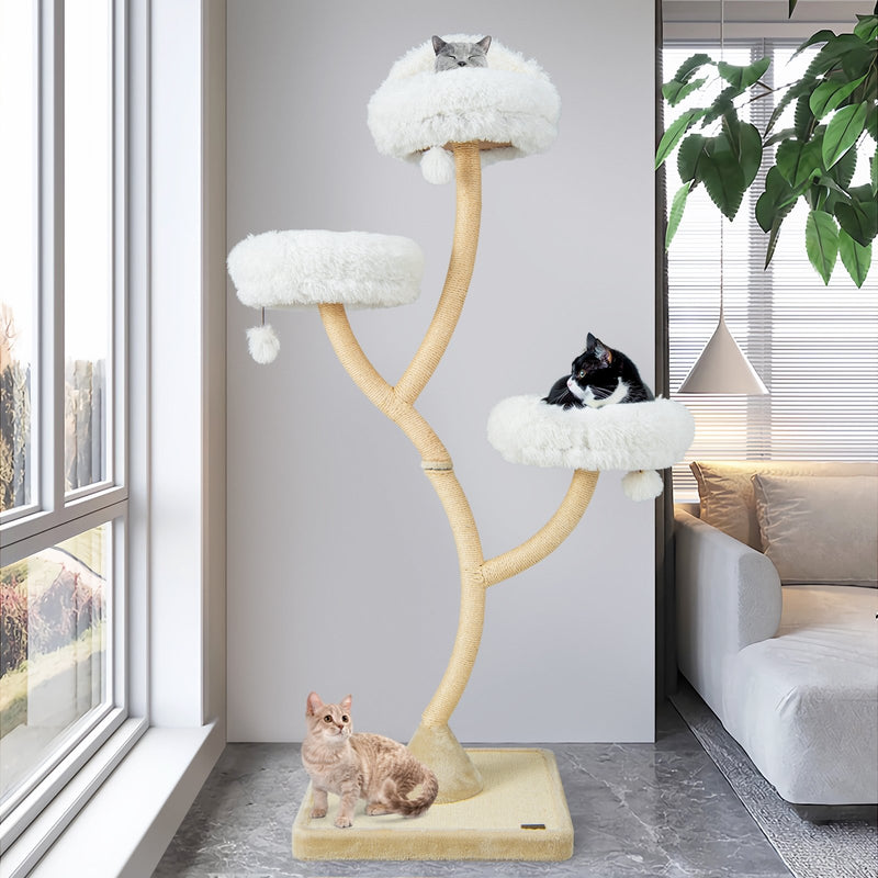 70 Inch Tall Cat Tree 4-Layer Cat Tower with 3 Perches and Dangling Balls-Beige