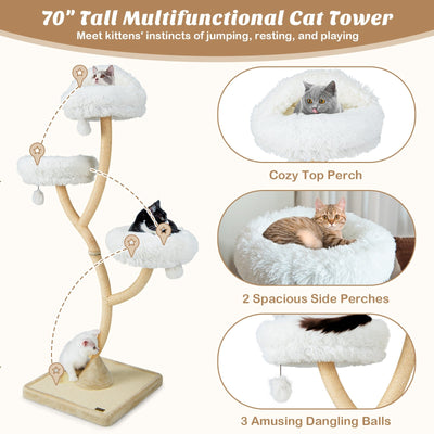 70 Inch Tall Cat Tree 4-Layer Cat Tower with 3 Perches and Dangling Balls-Beige