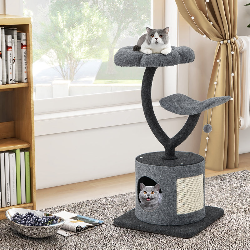 35 Inch Cat Tree with Curved Metal Supporting Frame and Sisal Scratching Board-Gray