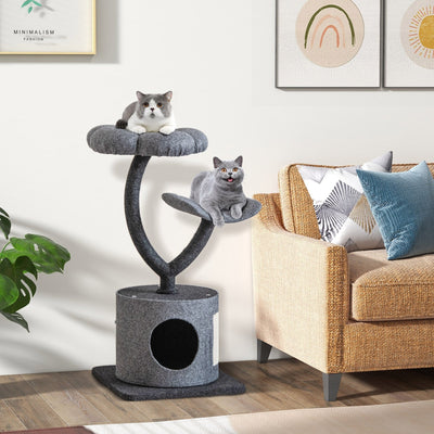 35 Inch Cat Tree with Curved Metal Supporting Frame and Sisal Scratching Board-Gray