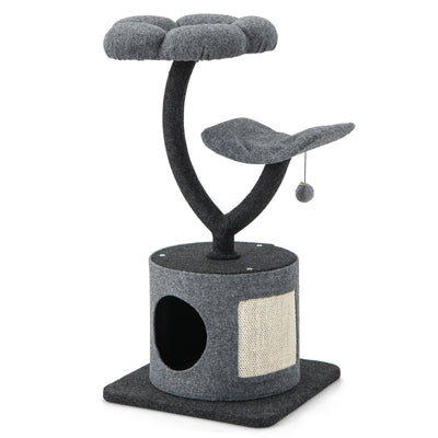 35 Inch Cat Tree with Curved Metal Supporting Frame and Sisal Scratching Board-Gray