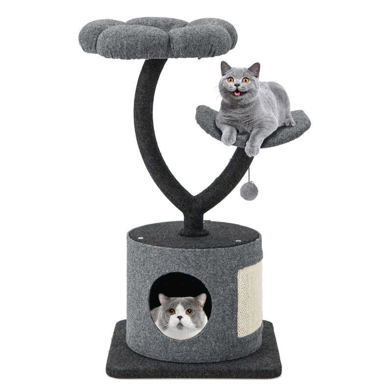 35 Inch Cat Tree with Curved Metal Supporting Frame and Sisal Scratching Board-Gray