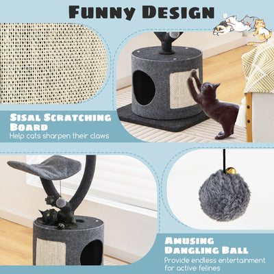 35 Inch Cat Tree with Curved Metal Supporting Frame and Sisal Scratching Board-Gray