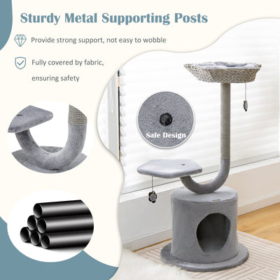 42 Inch Cat Tree with Curved Metal Supporting Frame and Sisal Scratching Board-Gray