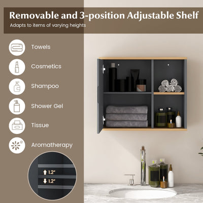 Bathroom Wall Mounted Cabinet with Single Mirror Door and Adjustable Shelf-Gray