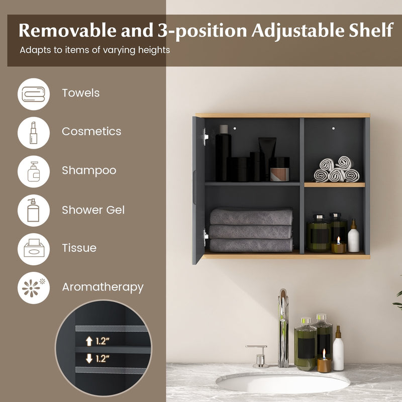 Bathroom Wall Mounted Cabinet with Single Mirror Door and Adjustable Shelf-Gray